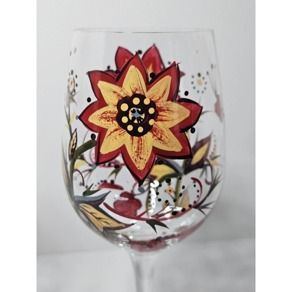 Set of 2 Pier 1 Carynthum Wine Glasses Hand Painted Fall Floral Stemmed Goblets